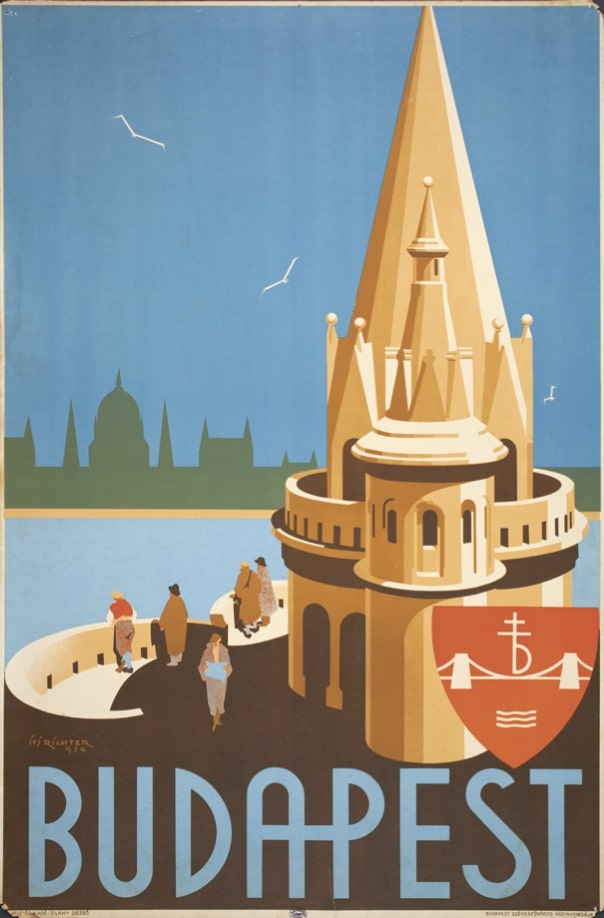 A fontos épületek (itt: Halászbástya és Parlament) mint emblémák jelennek meg Richter plakátjain. Mellettük feltűnik a címer formában tervezett Kozma-féle Budapest logó. (OSZK PKT, PKG.1934/213)